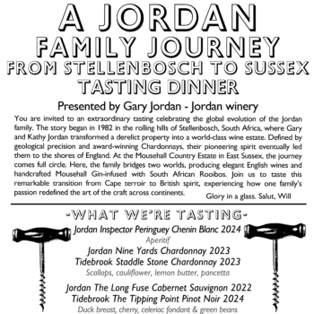 Jordan Family Stellenbosch to Sussex - Monday - Tasting Dinner 13/07/2026